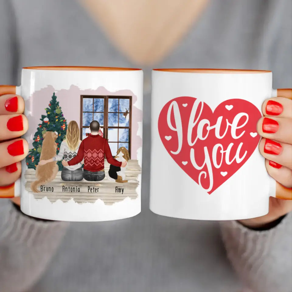 Personalisierte Tasse mit Pärchen und 2 Hunden - Weihnachtstasse