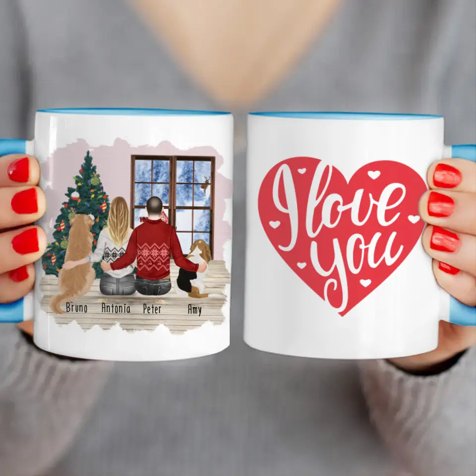 Personalisierte Tasse mit Pärchen und 2 Hunden - Weihnachtstasse