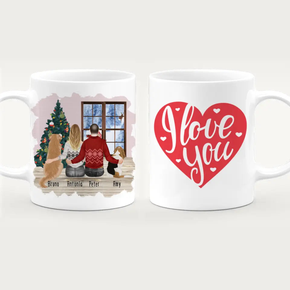 Personalisierte Tasse mit Pärchen und 2 Hunden - Weihnachtstasse