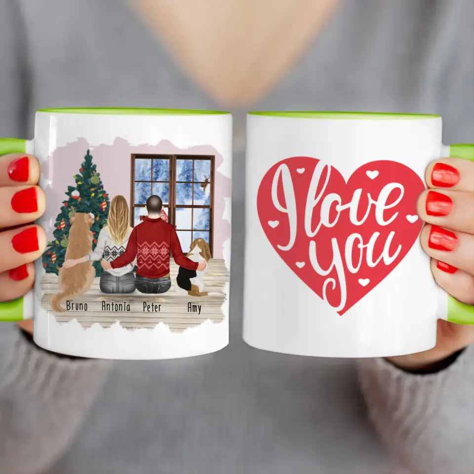 Personalisierte Tasse mit Pärchen und 2 Hunden - Weihnachtstasse