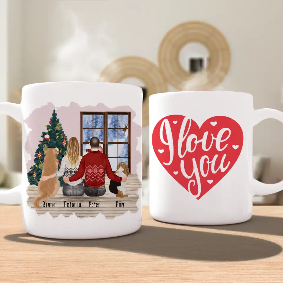 Personalisierte Tasse mit Pärchen und 2 Hunden - Weihnachtstasse