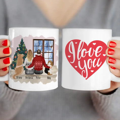 Personalisierte Tasse mit Pärchen und 2 Hunden - Weihnachtstasse