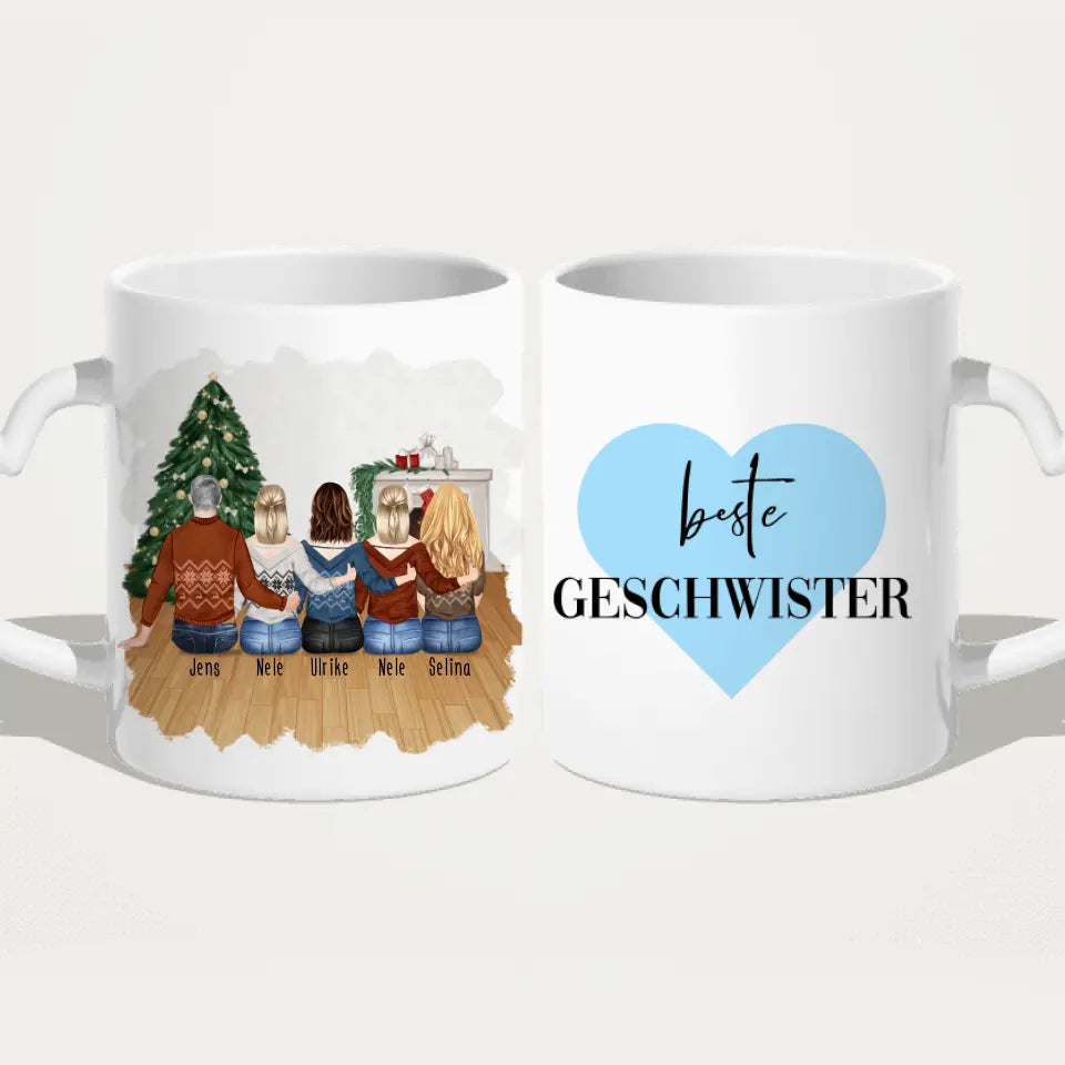 Personalisierte Tasse mit Bruder/Schwester (4 Schwestern + 1 Bruder) - Weihnachtstasse