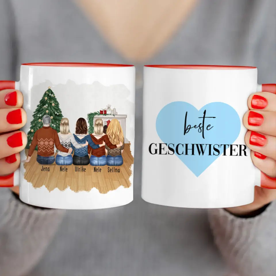 Personalisierte Tasse mit Bruder/Schwester (4 Schwestern + 1 Bruder) - Weihnachtstasse