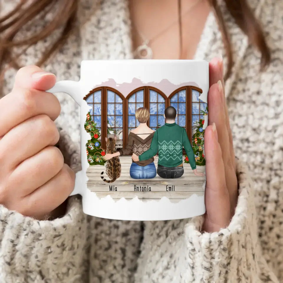 Personalisierte Tasse mit Pärchen und 1 Katze - Weihnachtstasse