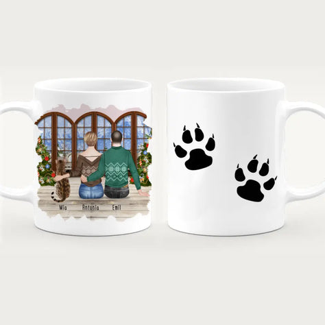 Personalisierte Tasse mit Pärchen und 1 Katze - Weihnachtstasse