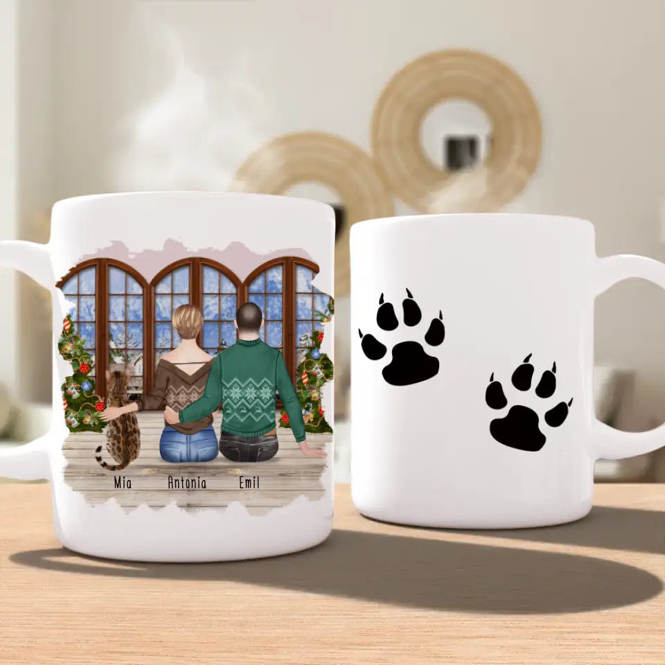 Personalisierte Tasse mit Pärchen und 1 Katze - Weihnachtstasse