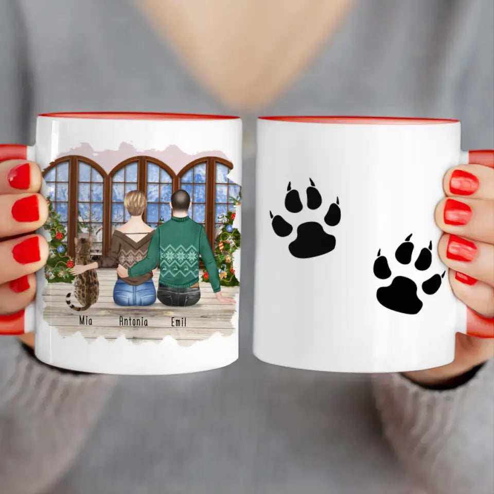 Personalisierte Tasse mit Pärchen und 1 Katze - Weihnachtstasse
