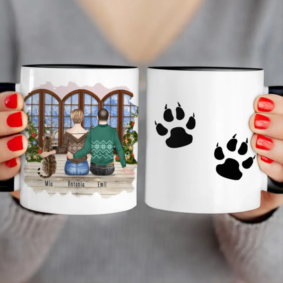 Personalisierte Tasse mit Pärchen und 1 Katze - Weihnachtstasse