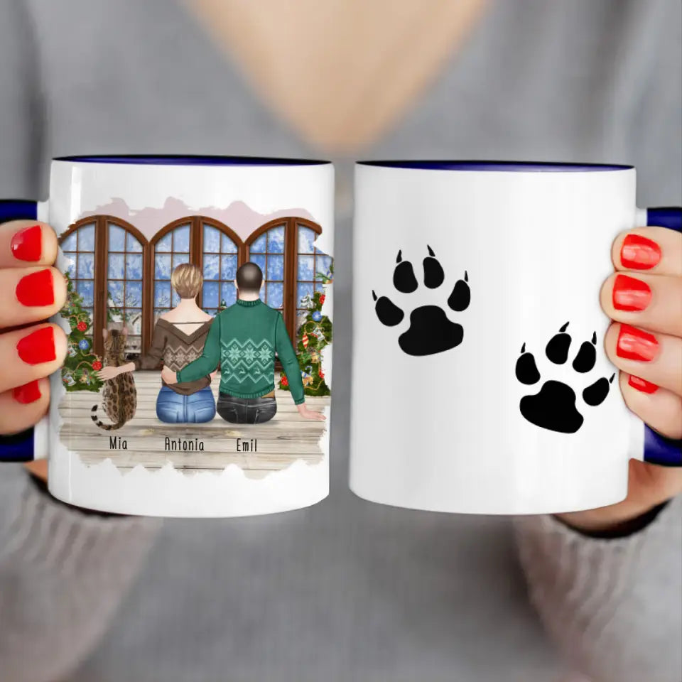 Personalisierte Tasse mit Pärchen und 1 Katze - Weihnachtstasse