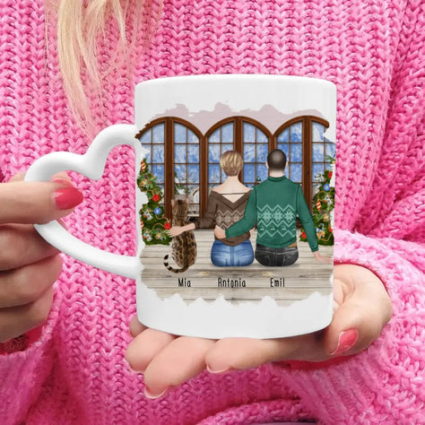 Personalisierte Tasse mit Pärchen und 1 Katze - Weihnachtstasse