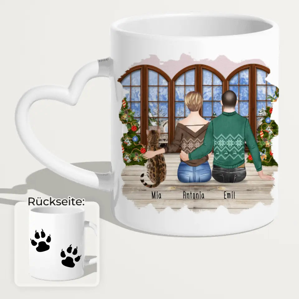 Personalisierte Tasse mit Pärchen und 1 Katze - Weihnachtstasse