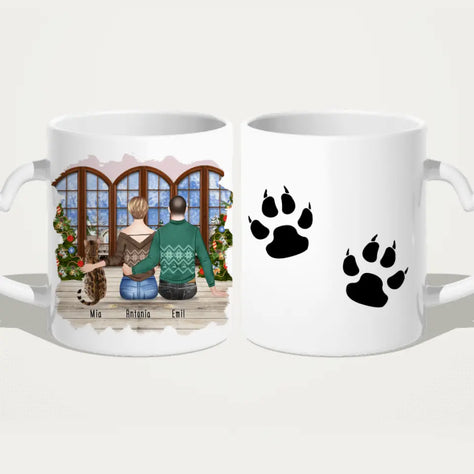 Personalisierte Tasse mit Pärchen und 1 Katze - Weihnachtstasse