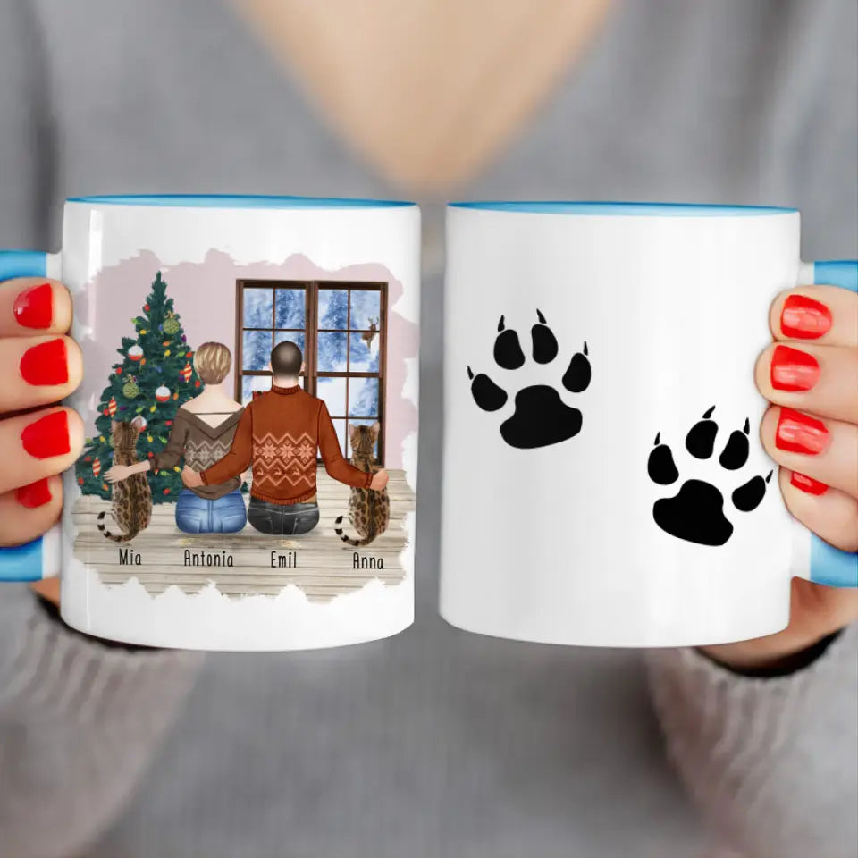 Personalisierte Tasse mit Pärchen und 2 Katzen - Weihnachtstasse