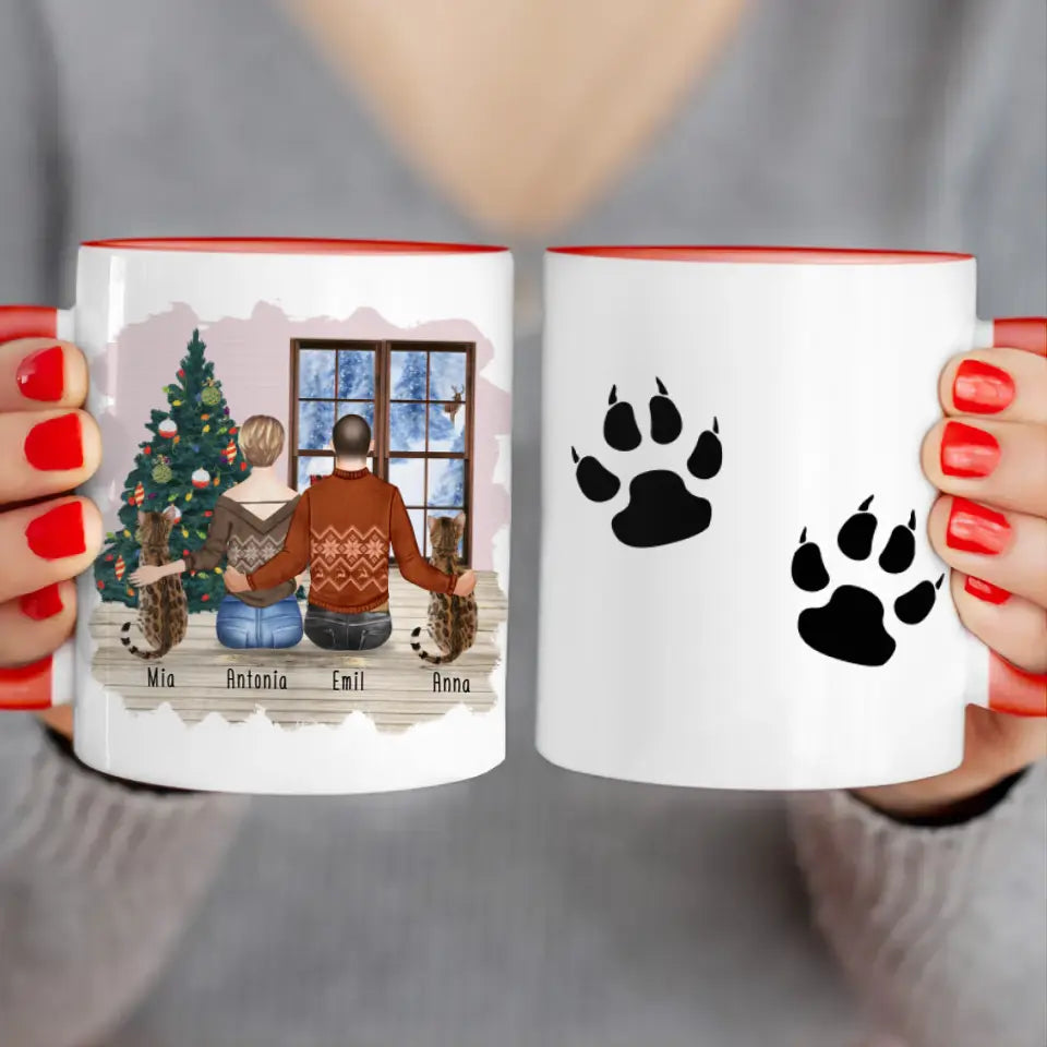 Personalisierte Tasse mit Pärchen und 2 Katzen - Weihnachtstasse