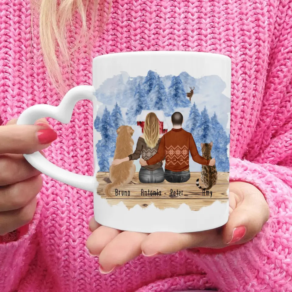 Personalisierte Tasse mit Pärchen und 1 Hund und 1 Katze - Weihnachtstasse