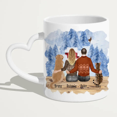 Personalisierte Tasse mit Pärchen und 1 Hund und 1 Katze - Weihnachtstasse