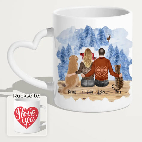 Personalisierte Tasse mit Pärchen und 1 Hund und 1 Katze - Weihnachtstasse