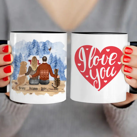 Personalisierte Tasse mit Pärchen und 1 Hund und 1 Katze - Weihnachtstasse