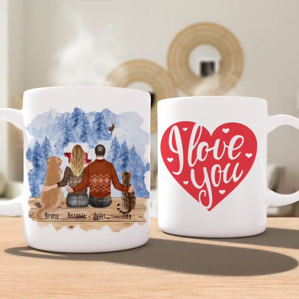 Personalisierte Tasse mit Pärchen und 1 Hund und 1 Katze - Weihnachtstasse