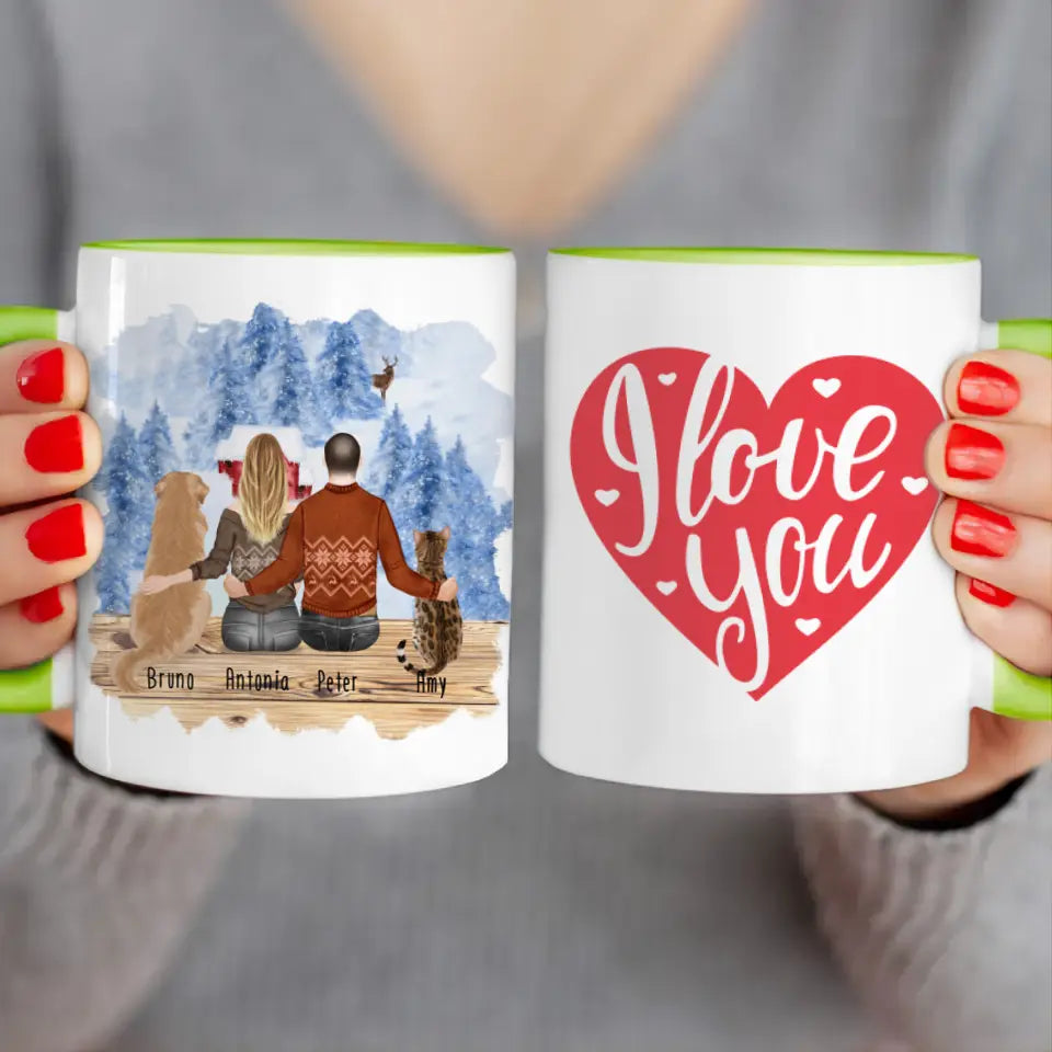 Personalisierte Tasse mit Pärchen und 1 Hund und 1 Katze - Weihnachtstasse