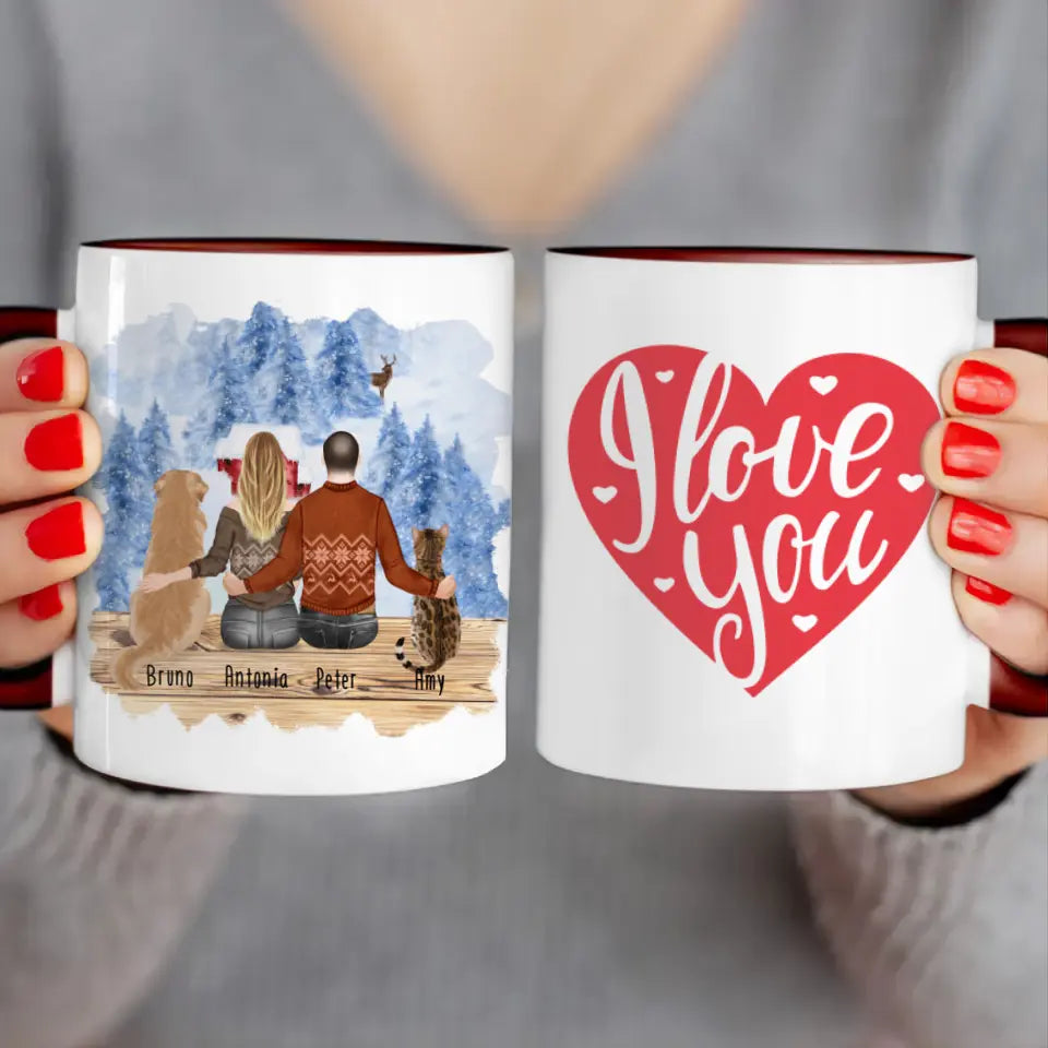 Personalisierte Tasse mit Pärchen und 1 Hund und 1 Katze - Weihnachtstasse