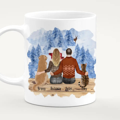 Personalisierte Tasse mit Pärchen und 1 Hund und 1 Katze - Weihnachtstasse