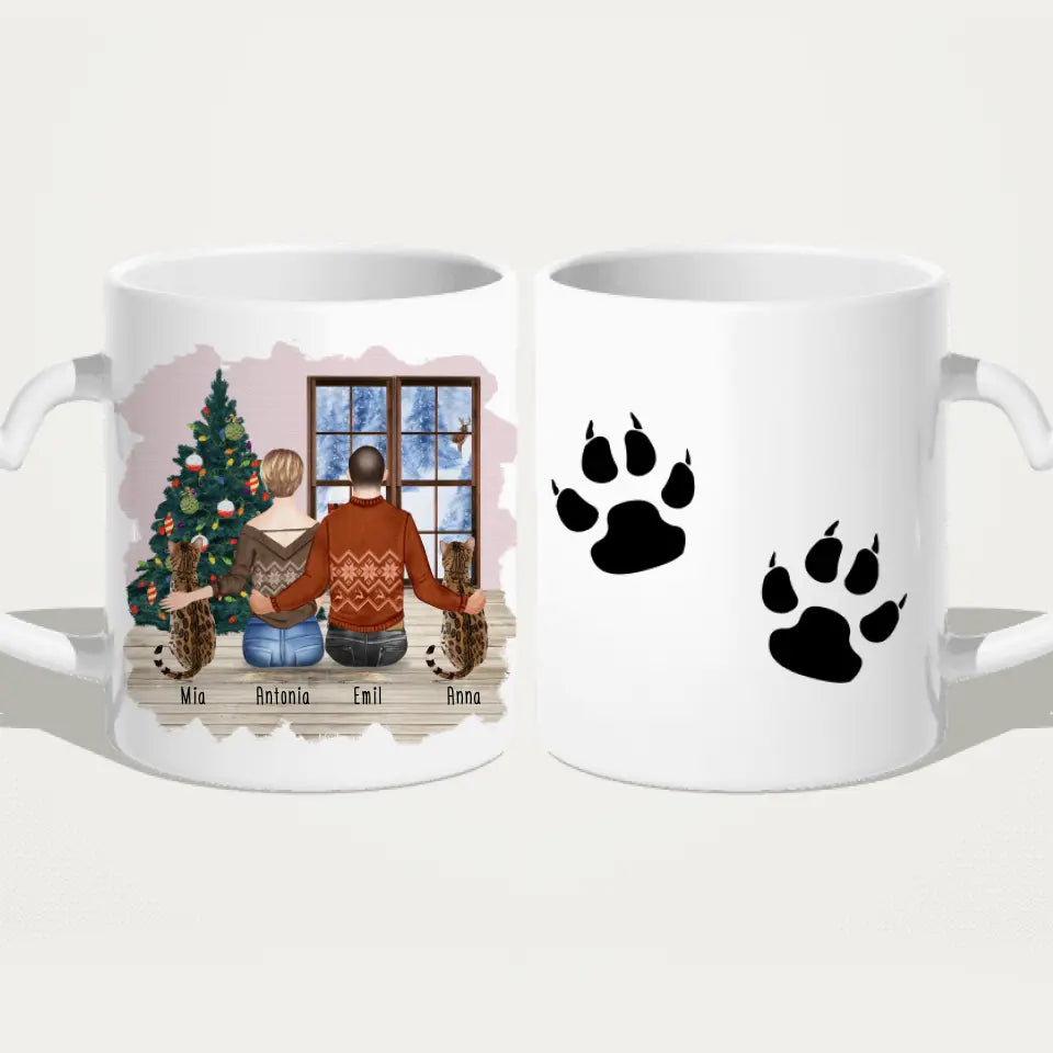 Personalisierte Tasse mit Pärchen und 2 Katzen - Weihnachtstasse