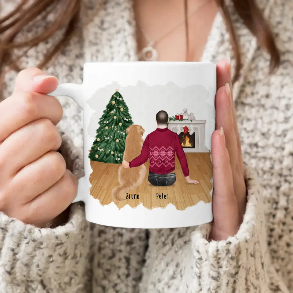 Personalisierte Tasse mit Hund und Mann (1 Hund + 1 Mann) - Weihnachtstasse