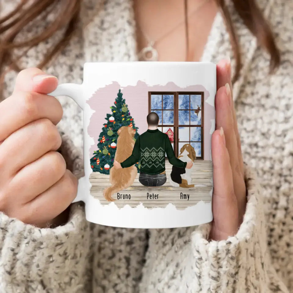 Personalisierte Tasse mit Hund und Mann (2 Hunde + 1 Mann) - Weihnachtstasse