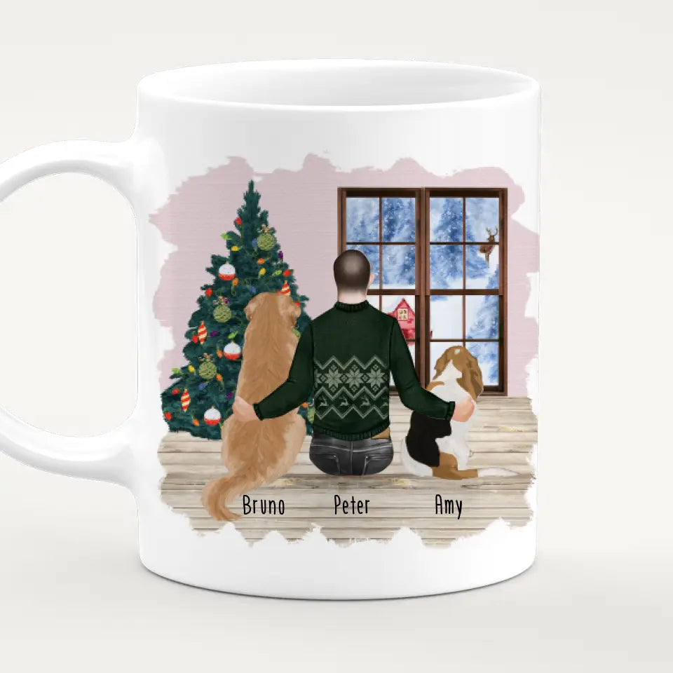 Personalisierte Tasse mit Hund und Mann (2 Hunde + 1 Mann) - Weihnachtstasse