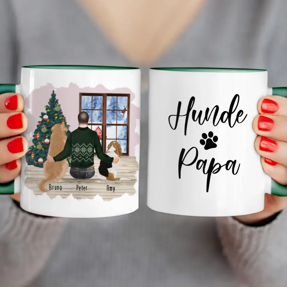 Personalisierte Tasse mit Hund und Mann (2 Hunde + 1 Mann) - Weihnachtstasse