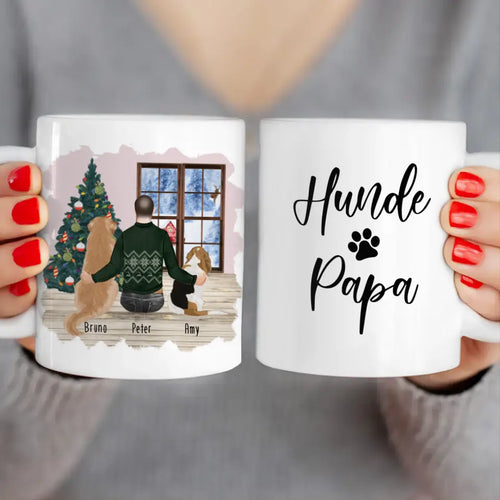 Personalisierte Tasse mit Hund und Mann (2 Hunde + 1 Mann) - Weihnachtstasse