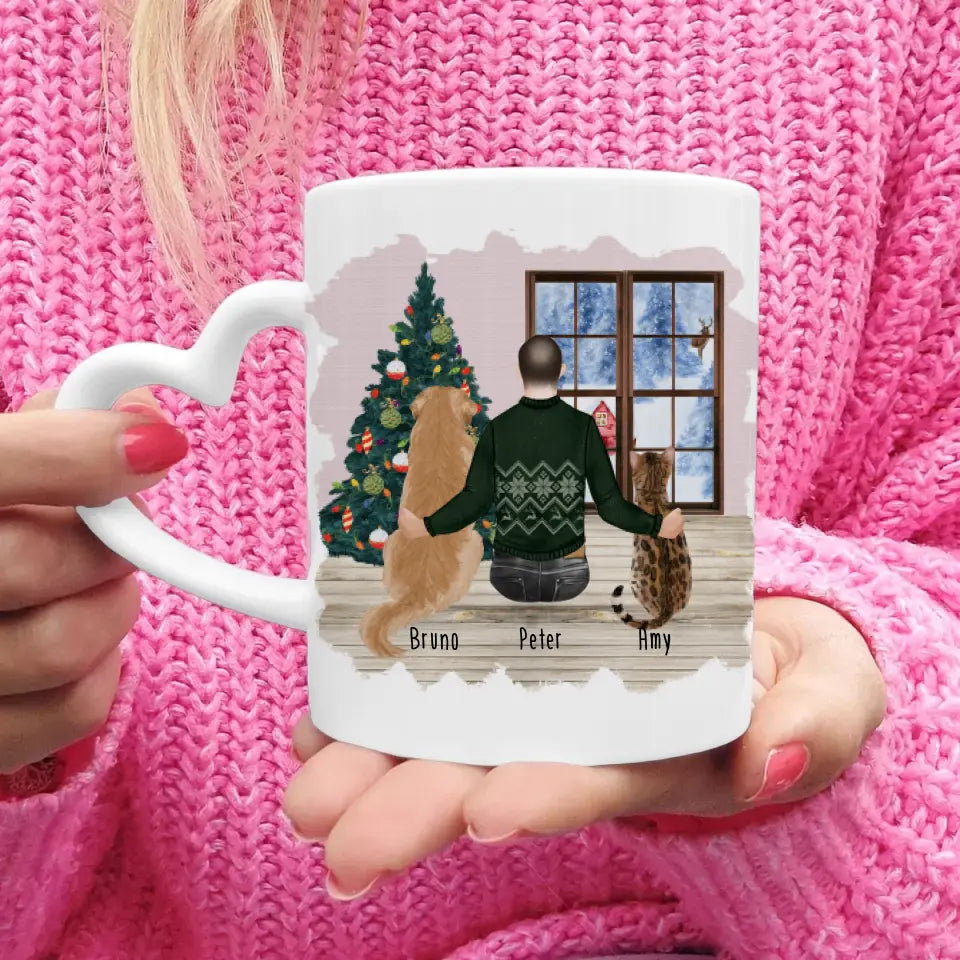 Personalisierte Tasse mit Hund, Katze und Mann (1 Hund + 1 Katze + 1 Mann) - Weihnachtstasse