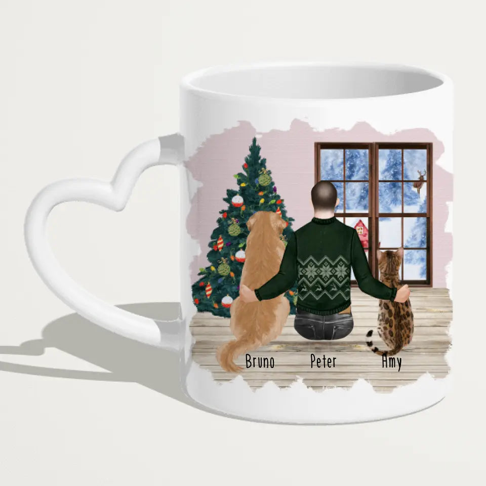 Personalisierte Tasse mit Hund, Katze und Mann (1 Hund + 1 Katze + 1 Mann) - Weihnachtstasse