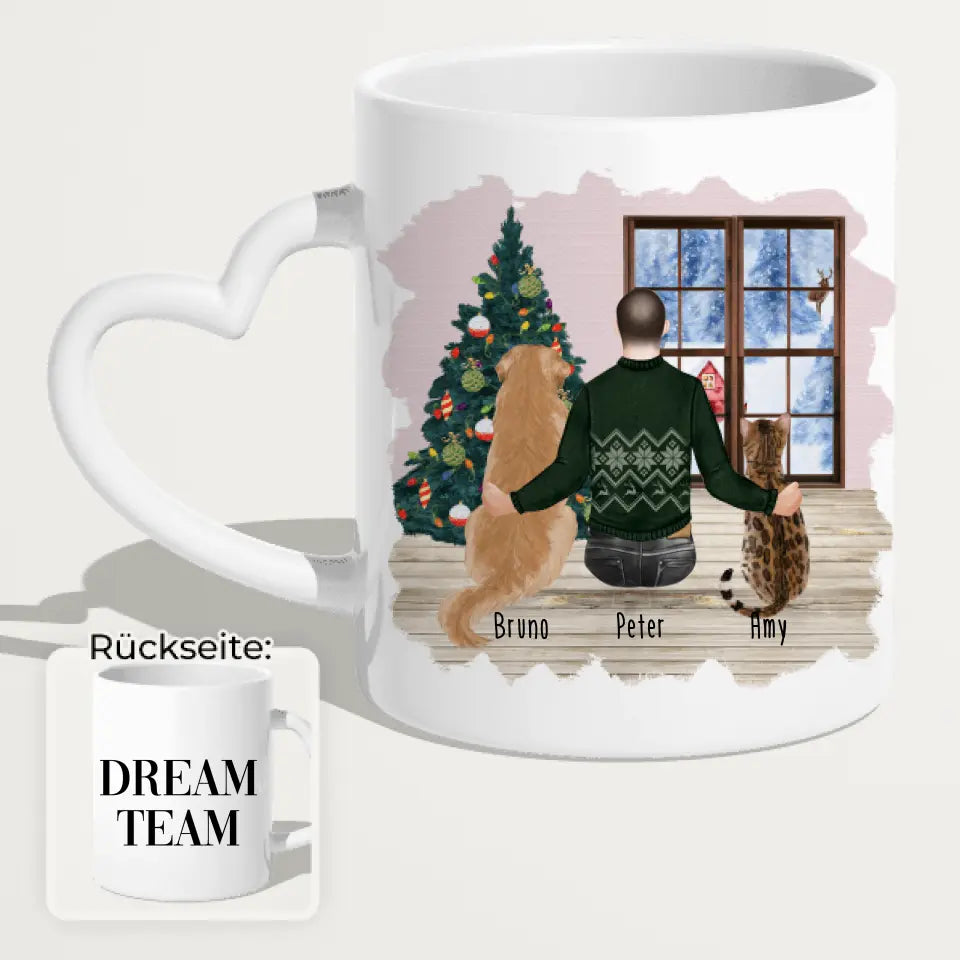 Personalisierte Tasse mit Hund, Katze und Mann (1 Hund + 1 Katze + 1 Mann) - Weihnachtstasse