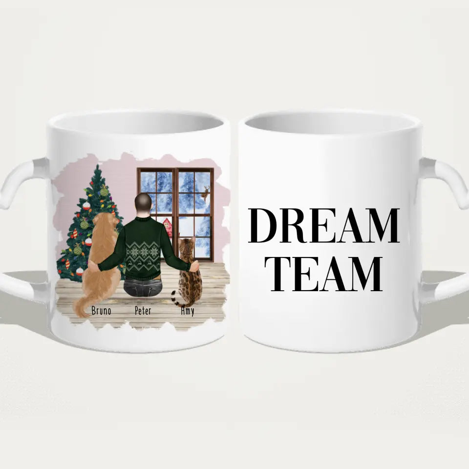 Personalisierte Tasse mit Hund, Katze und Mann (1 Hund + 1 Katze + 1 Mann) - Weihnachtstasse