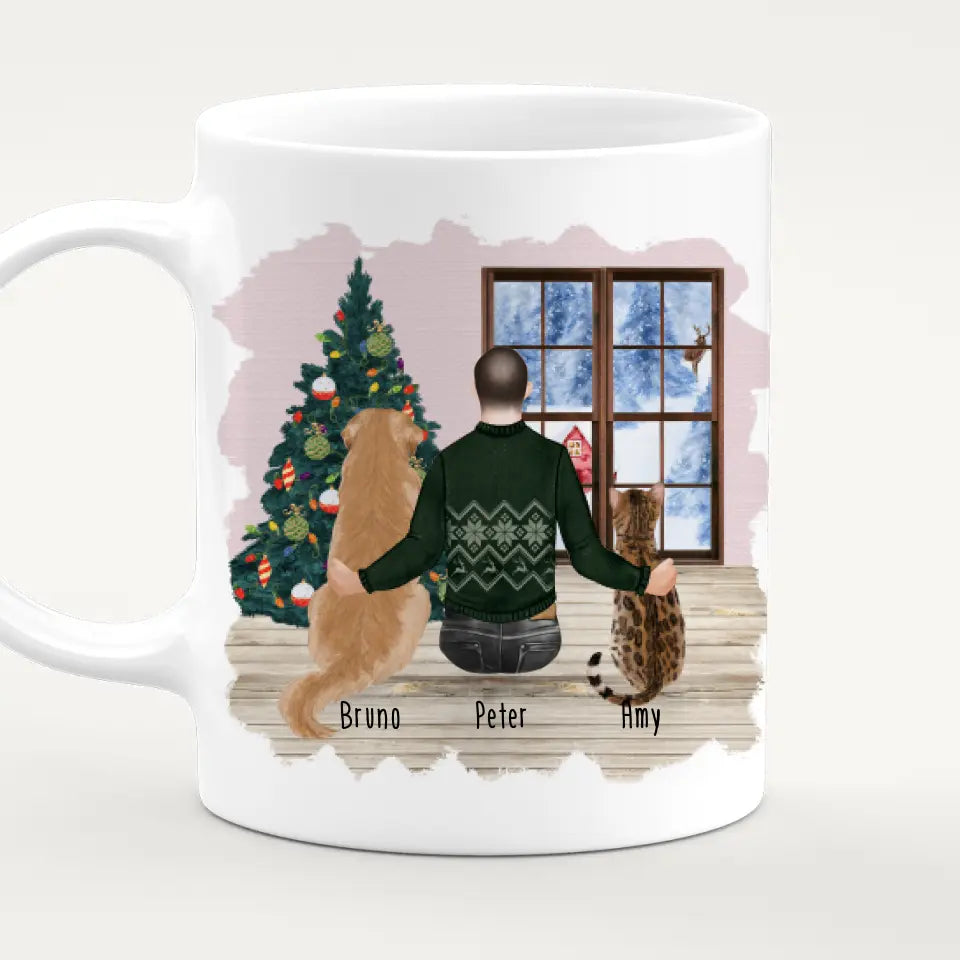 Personalisierte Tasse mit Hund, Katze und Mann (1 Hund + 1 Katze + 1 Mann) - Weihnachtstasse
