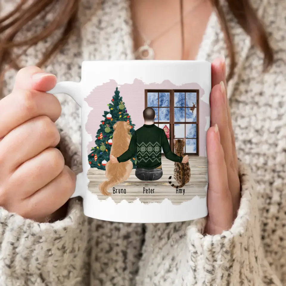Personalisierte Tasse mit Hund, Katze und Mann (1 Hund + 1 Katze + 1 Mann) - Weihnachtstasse