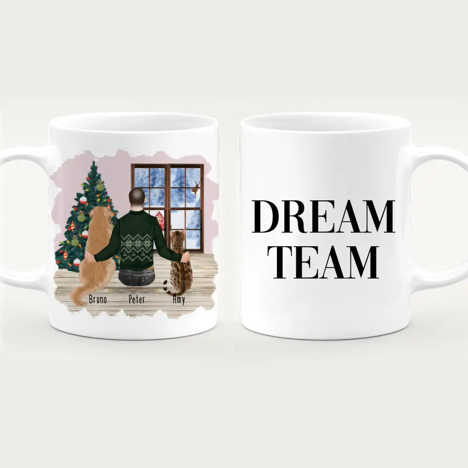 Personalisierte Tasse mit Hund, Katze und Mann (1 Hund + 1 Katze + 1 Mann) - Weihnachtstasse