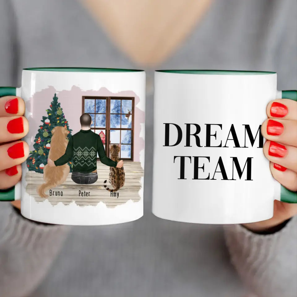 Personalisierte Tasse mit Hund, Katze und Mann (1 Hund + 1 Katze + 1 Mann) - Weihnachtstasse