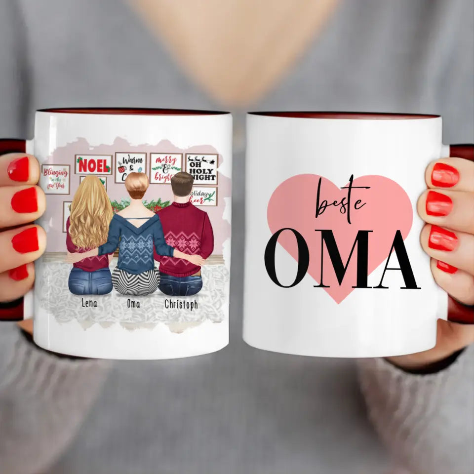 Personalisierte Tasse für Oma (1 Frau + 1 Mann + 1 Oma) - Weihnachtstasse