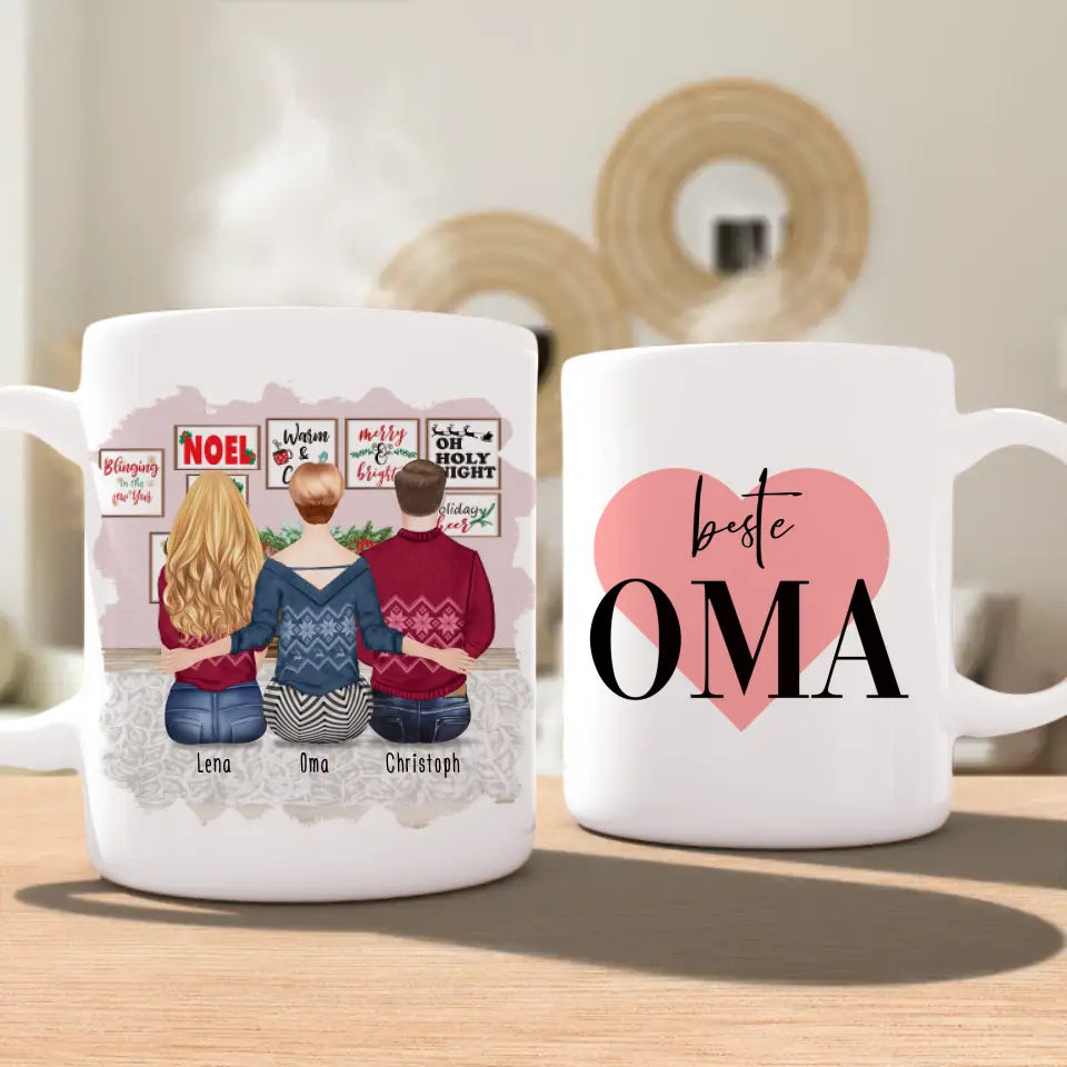 Personalisierte Tasse für Oma (1 Frau + 1 Mann + 1 Oma) - Weihnachtstasse