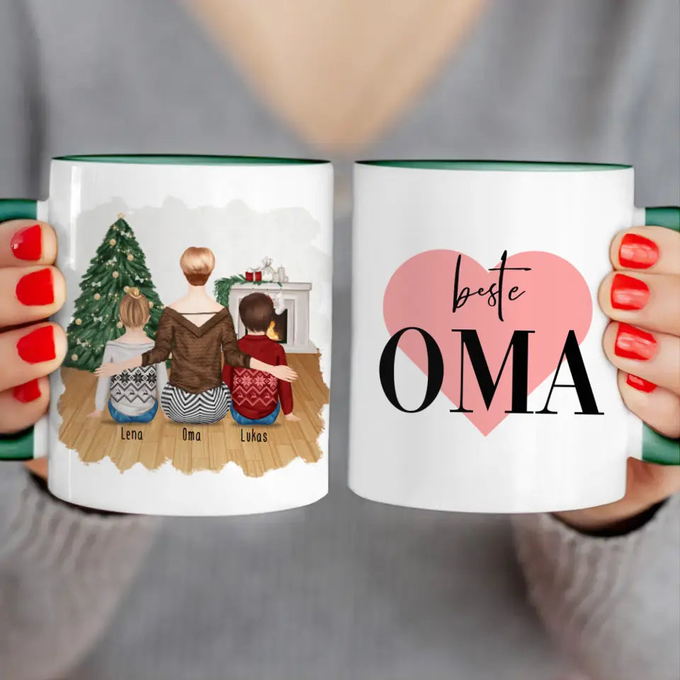 Personalisierte Tasse für Oma (2 Kinder + 1 Oma) - Weihnachtstasse