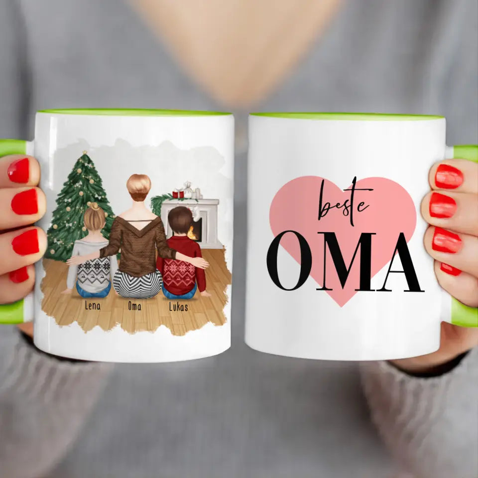 Personalisierte Tasse für Oma (2 Kinder + 1 Oma) - Weihnachtstasse