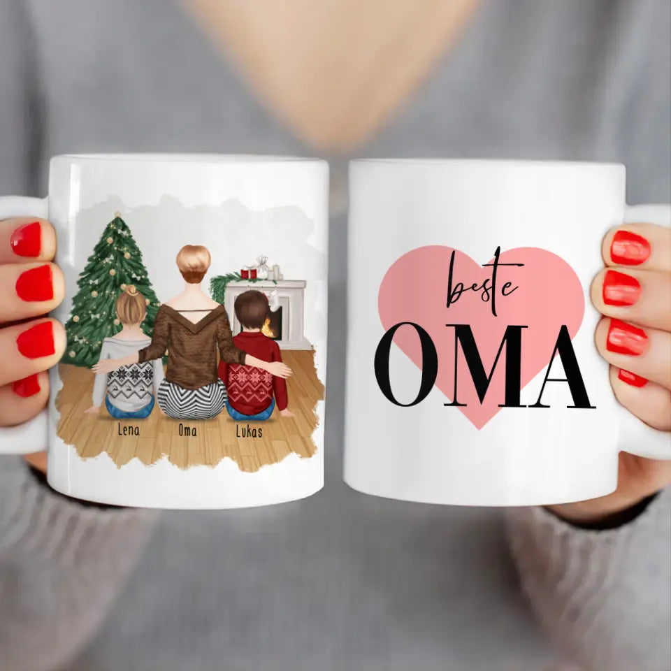 Personalisierte Tasse für Oma (2 Kinder + 1 Oma) - Weihnachtstasse