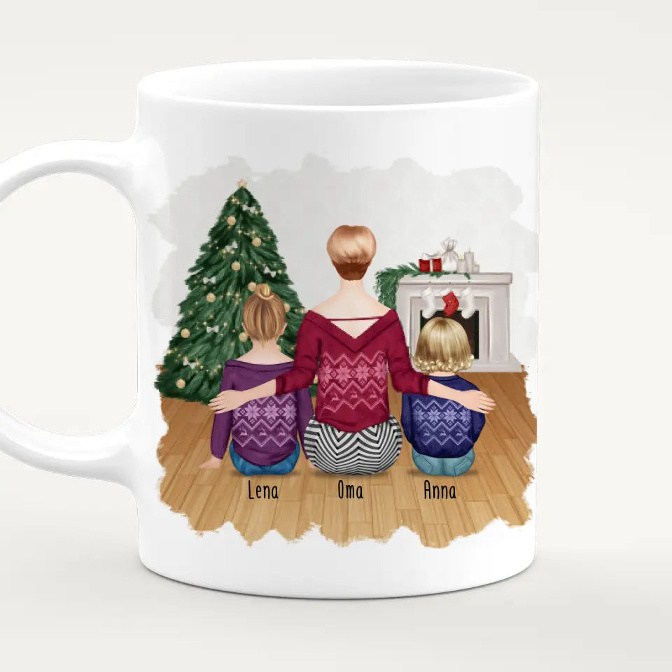 Personalisierte Tasse für Oma (1 Baby + 1 Kind + 1 Oma) - Weihnachtstasse