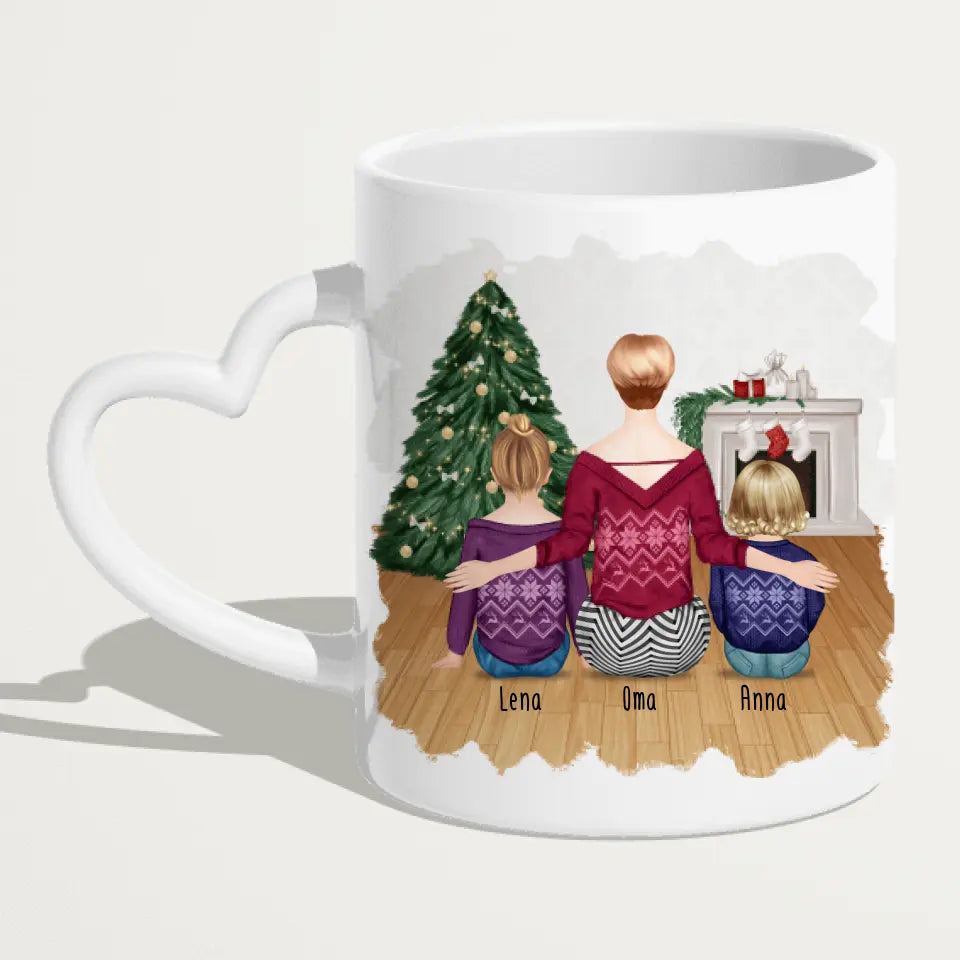 Personalisierte Tasse für Oma (1 Baby + 1 Kind + 1 Oma) - Weihnachtstasse