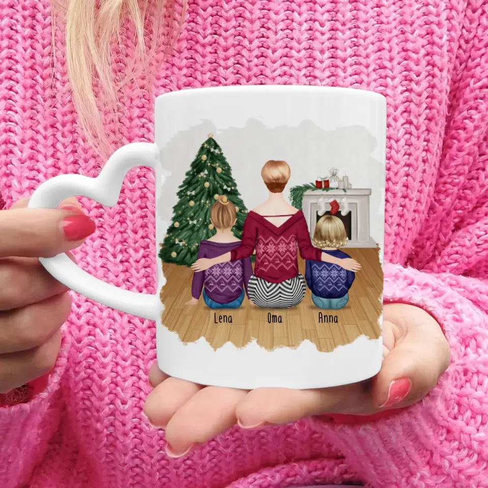 Personalisierte Tasse für Oma (1 Baby + 1 Kind + 1 Oma) - Weihnachtstasse