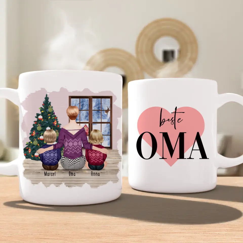 Personalisierte Tasse für Oma (2 Babys + 1 Oma) - Weihnachtstasse